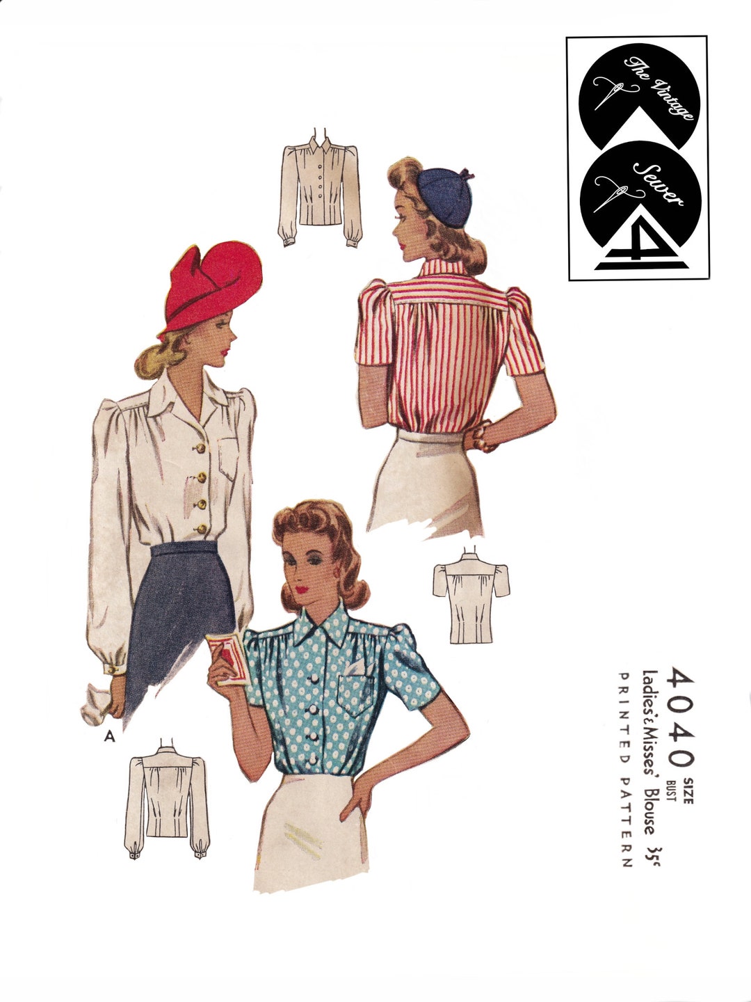 Vintage Sewing Pattern Ladies and Misses Blouse M4040 C1940s Size 14