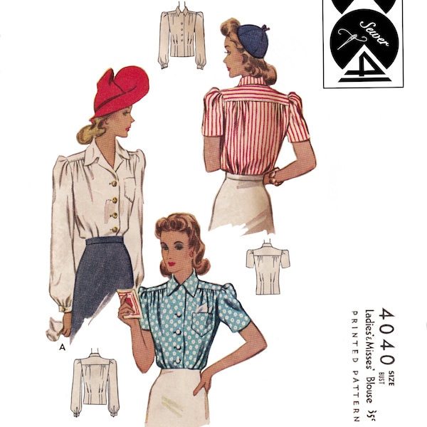 Vintage Sewing Pattern Ladies and Misses Blouse M4040 c1940s Size 18 B36 Instant Download