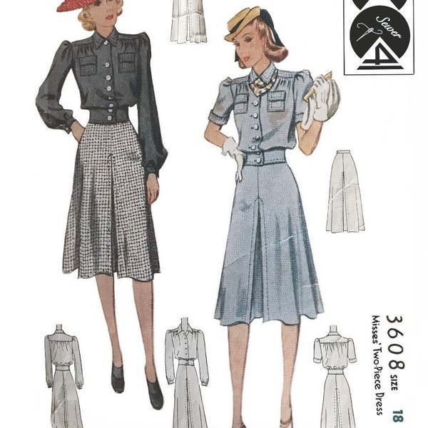 Vintage sewing pattern ladies and Misses two piece dress Size 18 1940s M3608