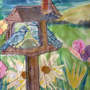 Birdtable with Birds and a Rabbit Textile Wall Art by Amanda Howse, Wall Hanging, Tapestry Art, Wall Decor