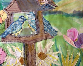 Birdtable with Birds and a Rabbit Textile Wall Art by Amanda Howse, Wall Hanging, Tapestry Art, Wall Decor