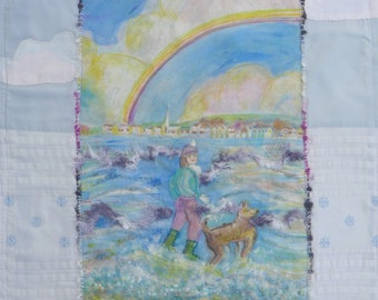 Cool Girl Rainbow Dog Wall Hanging Textile Art