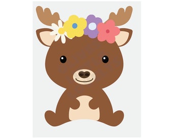 Cucciolo di cervo con corona di fiori - Stampa della cameretta dei bambini - Decorazione della cameretta dei bambini - Arte della parete - Stampabile - Cervo - Abbinamento - Animale del bosco