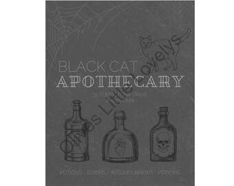 Halloween Printable - Black Cat Apothecary - Print - Spiderweb - Potion - Skull - Poison - Elixir - Download - Spooky
