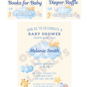 Set - Baby Shower Invitation, Diaper Raffle Ticket, Books for Baby Insert - Baby Boy - Elephant Giraffe Cloud Stars Balloons Blue