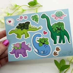 Sticker Bogen - Dinosaurier Pflanzer - A6 matte wetterfeste Vinyl Aufkleber - süße Aufkleber