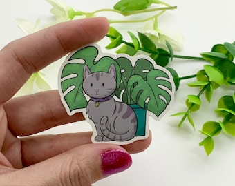 Vinyl Sticker - Cat with Monstera Plant - matt weatherproof vinyl sticker - cute stickers