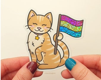 Pan Pride Orange Cat Sticker: Glossy Holographic Weatherproof Vinyl