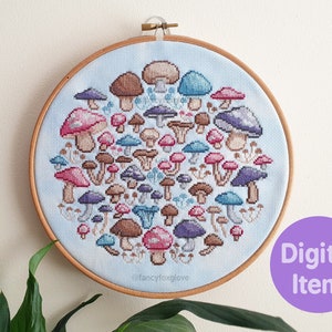 Cross Stitch Pattern - Pastel Mushroom Circle  - Instant Digital PDF Download - Fungi Toadstool Fairy Ring Cottage Core