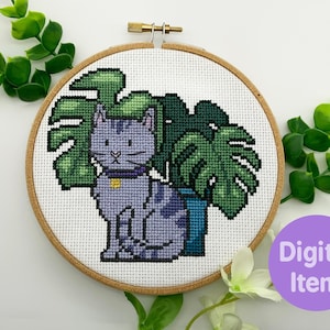 Cross Stitch Pattern - Cat with Monstera Plant  - Instant Digital PDF Download