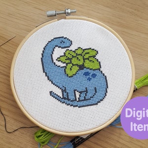 Cross Stitch Pattern - Dino Planter - Instant Digital Download - cute blue dinosaur counted x stitch plants houseplants