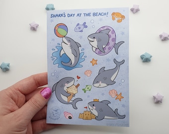Sticker Sheet - Shark's Day at the Beach - A6 matte weatherproof vinyl stickers - cute shark