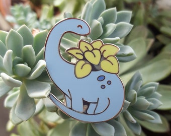 Enamel Pin Badge - Dinosaur Planter - cute dinosaur hard enamel lapel pin plant lover