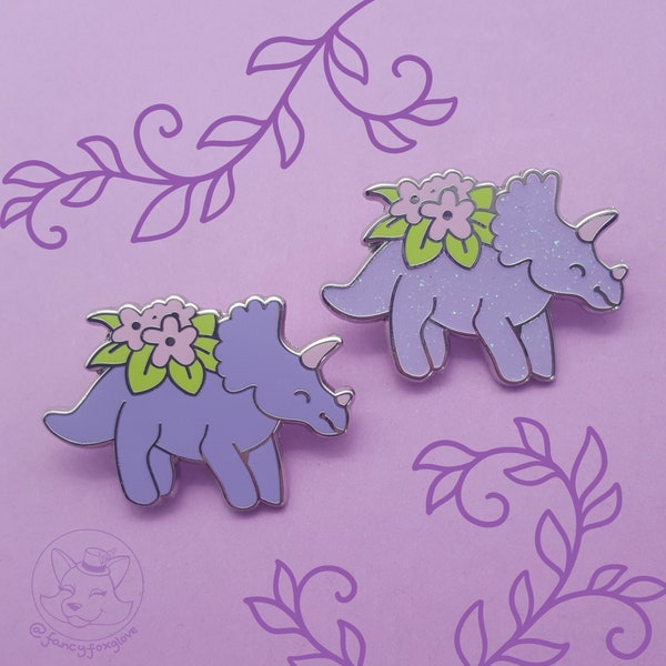 Enamel Pin Badge - Triceratops Planter - purple cute glitter dinosaur hard enamel lapel pin