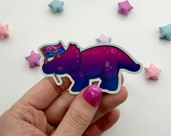 Bi-ceratops Pride Dinosaur Sticker: Glossy Weatherproof Vinyl with Holographic Detail