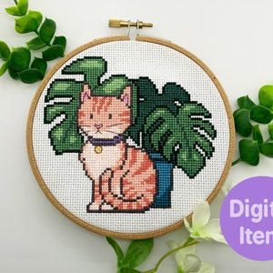 Cross Stitch Pattern - Orange Cat with Monstera Plant  - Instant Digital PDF Download