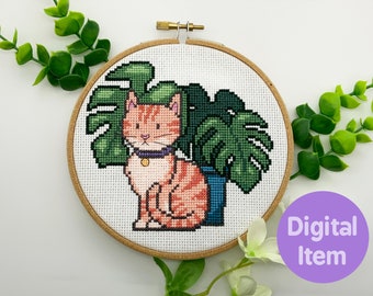 Cross Stitch Pattern - Orange Cat with Monstera Plant  - Instant Digital PDF Download