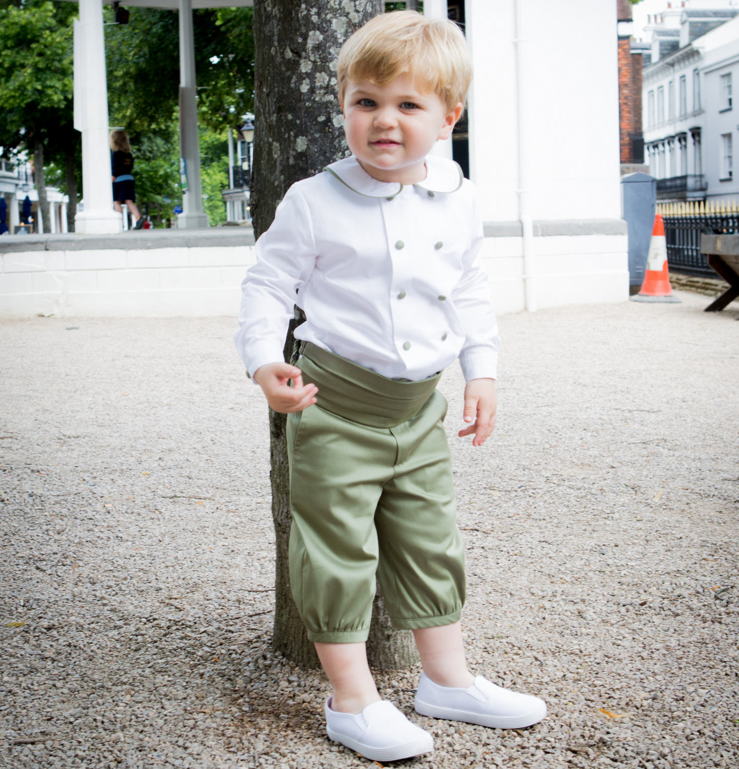 Double-Breasted Peter Pan Collar Shirt with Green Silk Piping (12mths-10yrs)