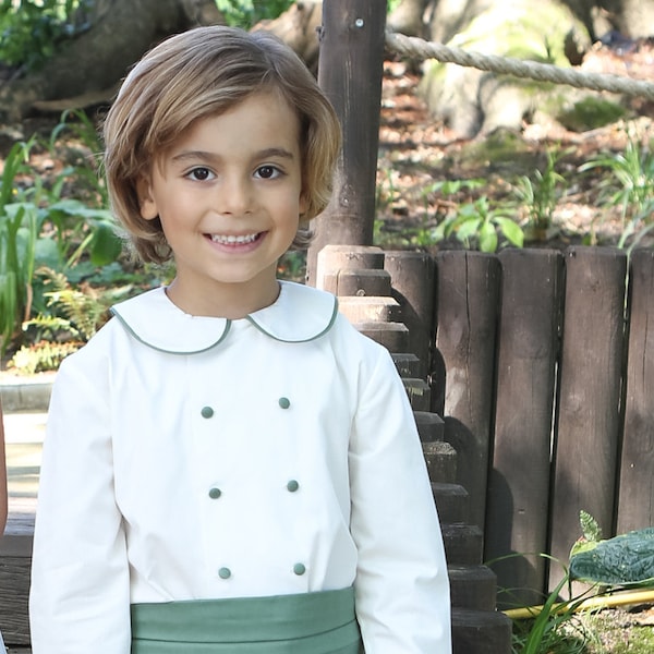 Double-Breasted Peter Pan Collar Shirt with Green Silk Piping (12mths-10yrs) main image 1