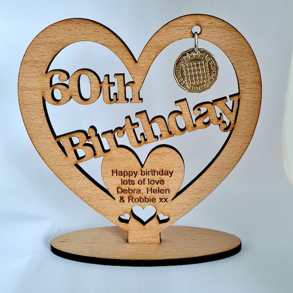 Personalised 60th Birthday Wooden Freestanding Heart With 1964 Threepence Alternative Birthday Card Keepsake