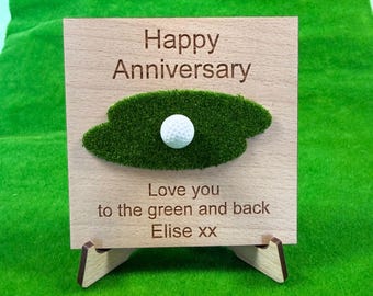 Personalized Golf Anniversary Card, Wooden Keepsake with Golf Ball Marker