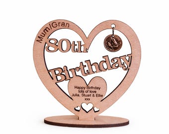 Personalised 80th Birthday Wooden Heart Gift/Card with 1946 Jenny Wren Coin,