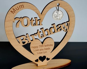 Personalised 70th Birthday Wooden Freestanding Heart With Lucky Sixpence From 1954 Birthday Card Gift Alternative