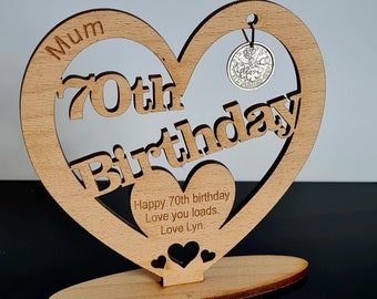 70th Birthday Wooden Heart Gift, Lucky Sixpence, Personalized