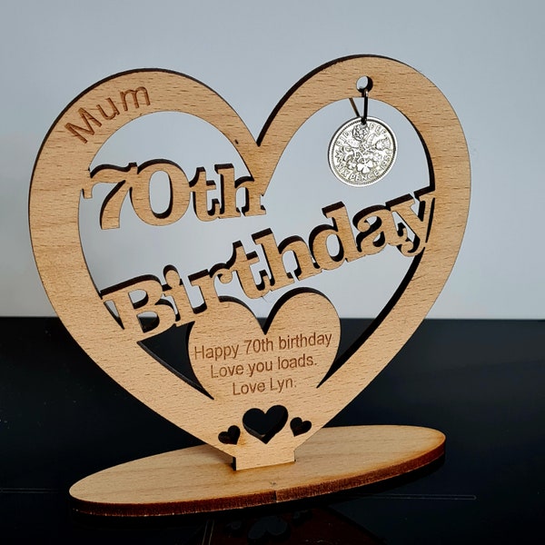 Personalised 70th Birthday Wooden Freestanding Heart With Lucky Sixpence From 1954 Birthday Card Gift Alternative