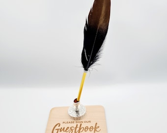 Personalised Wedding Black Gold Feather Pen Holder Guest Book Pen Stand
