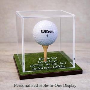 Personalised Hole in One Golf Ball Display Case, Custom Engraved Keepsake Gift for Golfer Golf Memorabilia Free Engraving