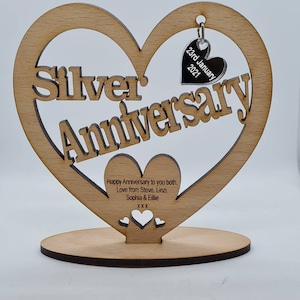 Silver Wedding 25th Anniversary Freestanding Heart Wooden Card