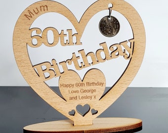 Personalised 60th Birthday Beech Heart with 1966 Sixpence