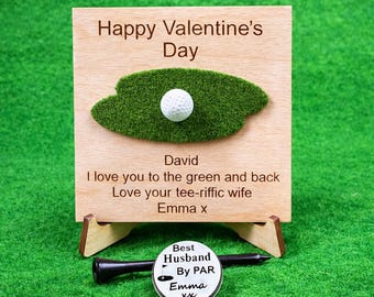 Personalized Golf Valentine's Day Wooden Card, Golfer Gift with Ball Marker