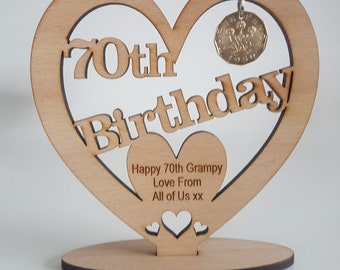 Personalized 70th Birthday Beech Wood Heart with 1956 Threepence
