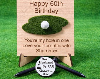 Personalized Wooden Golf Birthday Card, Golfer Gift with Ball Marker