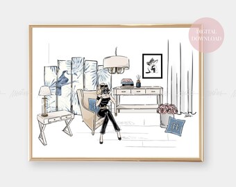 DIGITAL Fashion Illustration BLUE INTERIOR 2 Wall Art Print