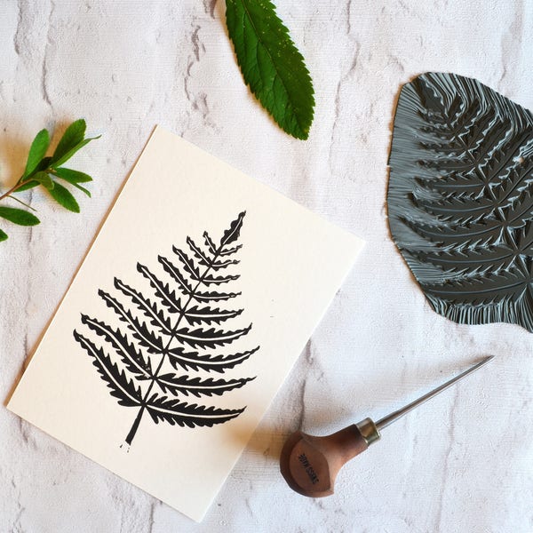 Fern Leaf Lino Print | Black and White Block Print | Original Nature Plant Artwork 7 x 5 |