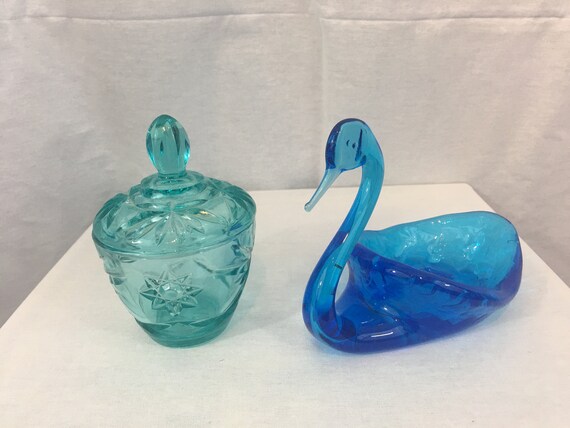 Vintage Teal Blue Glass Candy Dish With Lid Cobalt Blue Etsy etsy