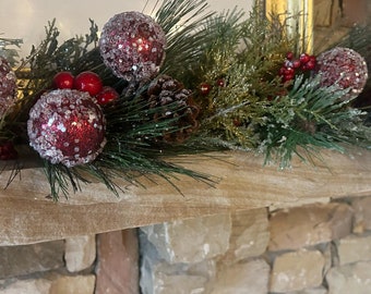 Red Christmas Garland, Fireplace Mantle Garland, Greenery Garland for Table, Elegant Christmas Decor, Pine Holiday Garland, Mantel Garland