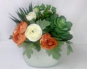 Faux Succulent Arrangement with Ranunculus in Gray Container, Modern Silk Floral Centerpiece, Fake Succulents, Peach, Orange, Mantle Decor