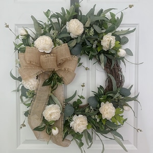 White Rose Wreath for Front Door, Year Round Wreath with Eucalyptus and Burlap Bow, Handmade Neutral Floral Wreath, 26” Elegant Home Décor