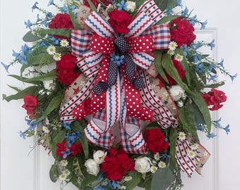 Patriotic Wreath for Front Door | 4th of July Wreath | Red White and Blue Wreath | Memorial Day Decor | Summer Door Wreath | Americana Decor
