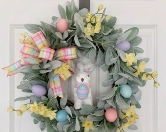 Easter Wreath for Front Door, Bunny Wreath, Spring Lambs Ear Wreath, Rabbit Door Decor, Whimsical Wreath, Grapevine Wreath