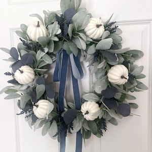 White Pumpkin Wreath for Fall, Blue White Wreath, Farmhouse Front Door ...