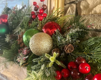 Red Christmas Garland, Fireplace Mantle Garland, Greenery Garland for Table, Elegant Christmas Decor, Pine Holiday Garland, Mantel Garland