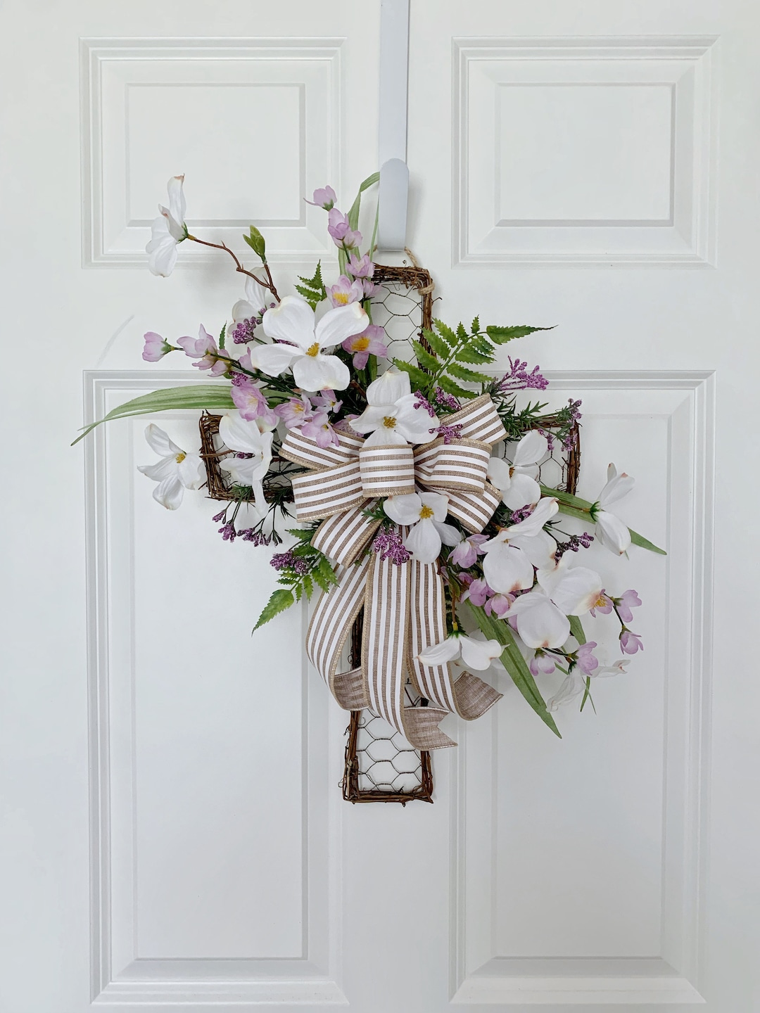 Easter Cross Wreath for Front Door With Spring Flowers