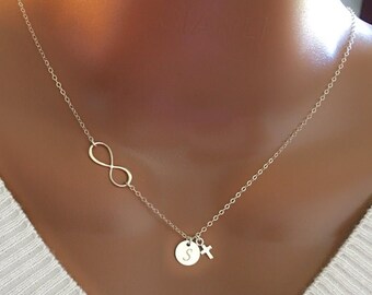 Gift For Mom, Birthday Gift For Her, Personalized Infinity With Initial Discs And Tiny Cross Charm Necklace, Custom Initial Discs