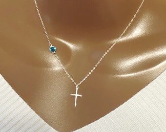 Christmas Gift, Personalized Swarovski Birthstone With Cross Necklace, Custom Birthstone, Mothers Necklace, Grandma Gift