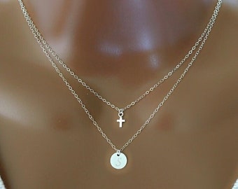 BIG SALE! Mother’s Day Gift, Personalized Layered Necklace With Tiny Cross And Initial Discs Charm, Custom Initial Discs, Custom Jewelry